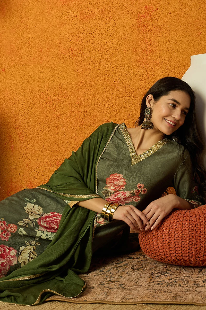 ZERESOUQ Olive Rayon Blend Floral Printed Straight Kurta Set