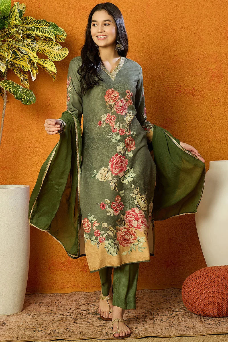 ZERESOUQ Olive Rayon Blend Floral Printed Straight Kurta Set
