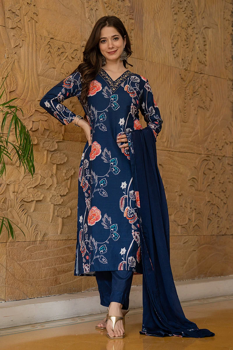 ZERESOUQ Olive Rayon Blend Floral Printed Straight Kurta Set