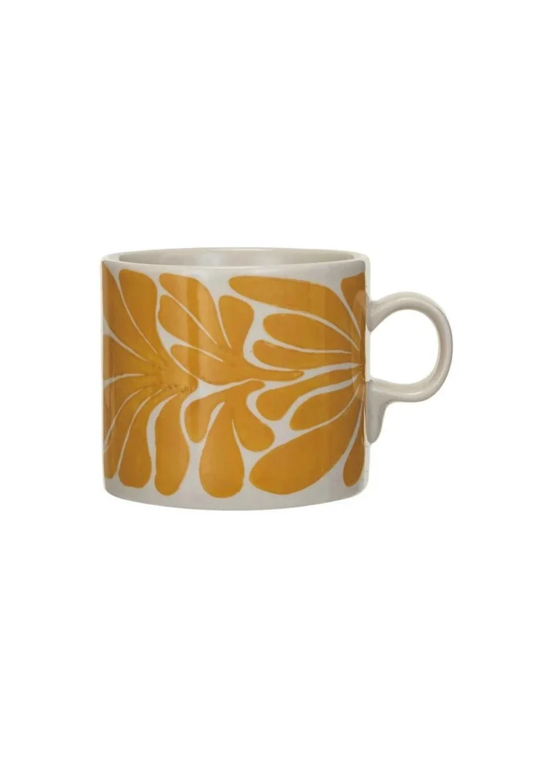 The Saffron Souk 14 oz. Hand-Painted Stoneware Mug with Abstract Design - Yellow