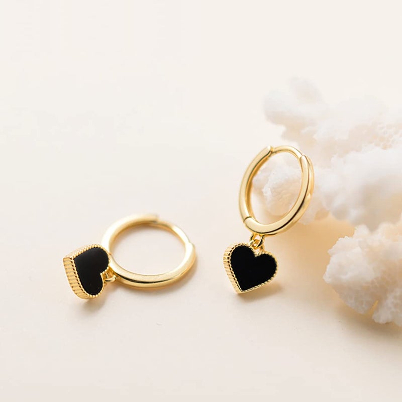SLUYNZ Solid 925 Sterling Silver Black Heart Hoop Earrings for Women Teen Girls Love Heart Hoop Earrings Huggie (B-Gold Plated) - Image 5