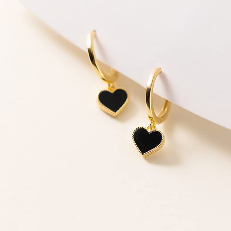 SLUYNZ Solid 925 Sterling Silver Black Heart Hoop Earrings for Women Teen Girls Love Heart Hoop Earrings Huggie (B-Gold Plated) - Image 4