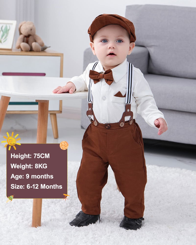 YALLET Baby Boy Clothes Set Infant Tuxedo Long Sleeve Gentleman Suit Outfits + Beret Hat + Suspender Pants + Bowtie 0-18M - Image 2