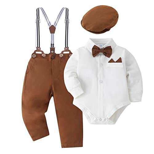 YALLET Baby Boy Clothes Set Infant Tuxedo Long Sleeve Gentleman Suit Outfits + Beret Hat + Suspender Pants + Bowtie 0-18M - Image 1