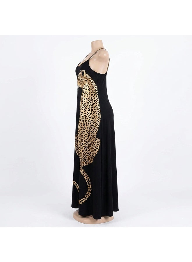 Women's Sleeveless Maxi Dress Leopard Graphic Print Casual Summer Long Dress Soft Stretch Loose Fit Spaghetti Strap Beach Dress Flowy Lightweight Comfortable Everyday Wear Lounge Vacation Outfit Free Size - Image 5