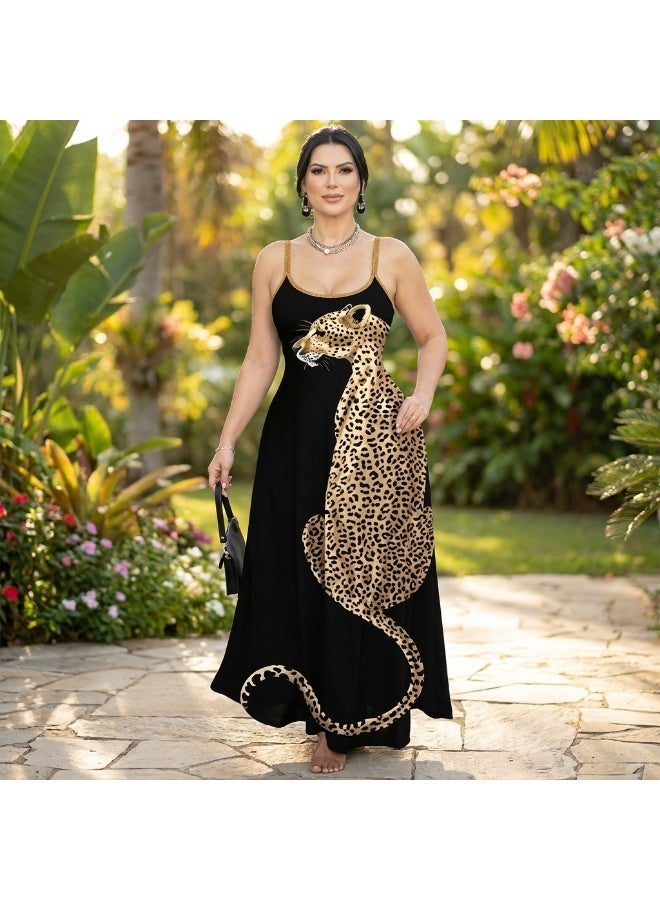 Women's Sleeveless Maxi Dress Leopard Graphic Print Casual Summer Long Dress Soft Stretch Loose Fit Spaghetti Strap Beach Dress Flowy Lightweight Comfortable Everyday Wear Lounge Vacation Outfit Free Size - Image 1