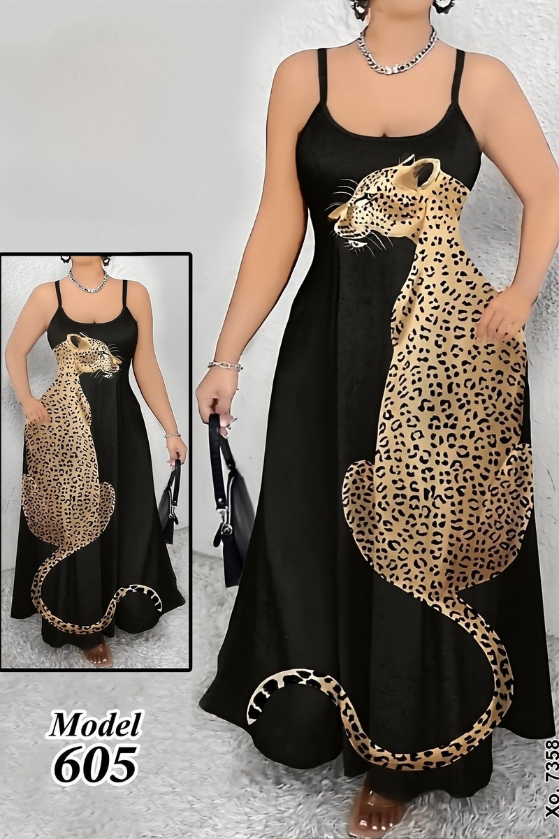 Women's Sleeveless Maxi Dress Leopard Graphic Print Casual Summer Long Dress Soft Stretch Loose Fit Spaghetti Strap Beach Dress Flowy Lightweight Comfortable Everyday Wear Lounge Vacation Outfit Free Size - Image 3