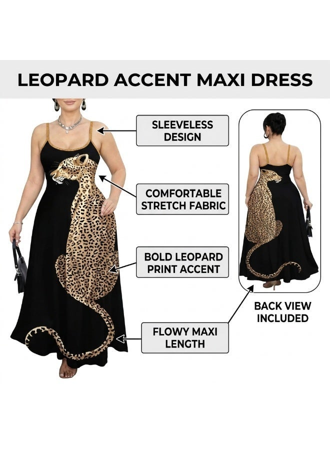 Women's Sleeveless Maxi Dress Leopard Graphic Print Casual Summer Long Dress Soft Stretch Loose Fit Spaghetti Strap Beach Dress Flowy Lightweight Comfortable Everyday Wear Lounge Vacation Outfit Free Size - Image 2
