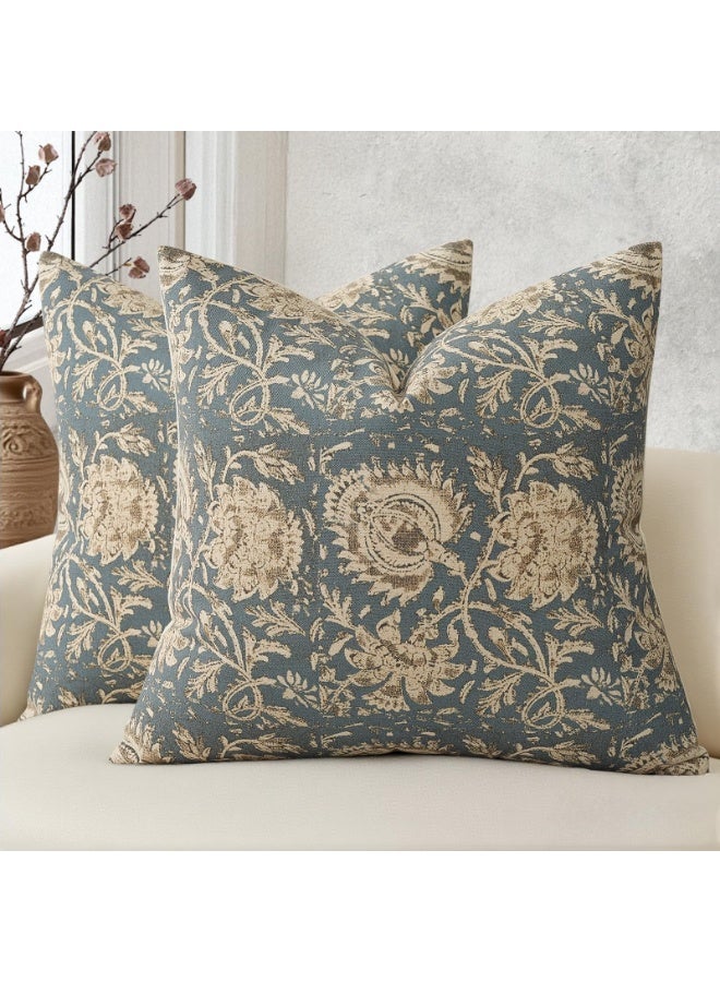 Arabest Vintage Floral Print Throw Pillow Covers 45x45 CM,Set of 2 Neutral Modern Farmhouse Pillowcases Accent Decorative Cushion Covers Boho Home Decor for Couch Sofa Chair Bed Living Room（Sky Blue） - Image 1
