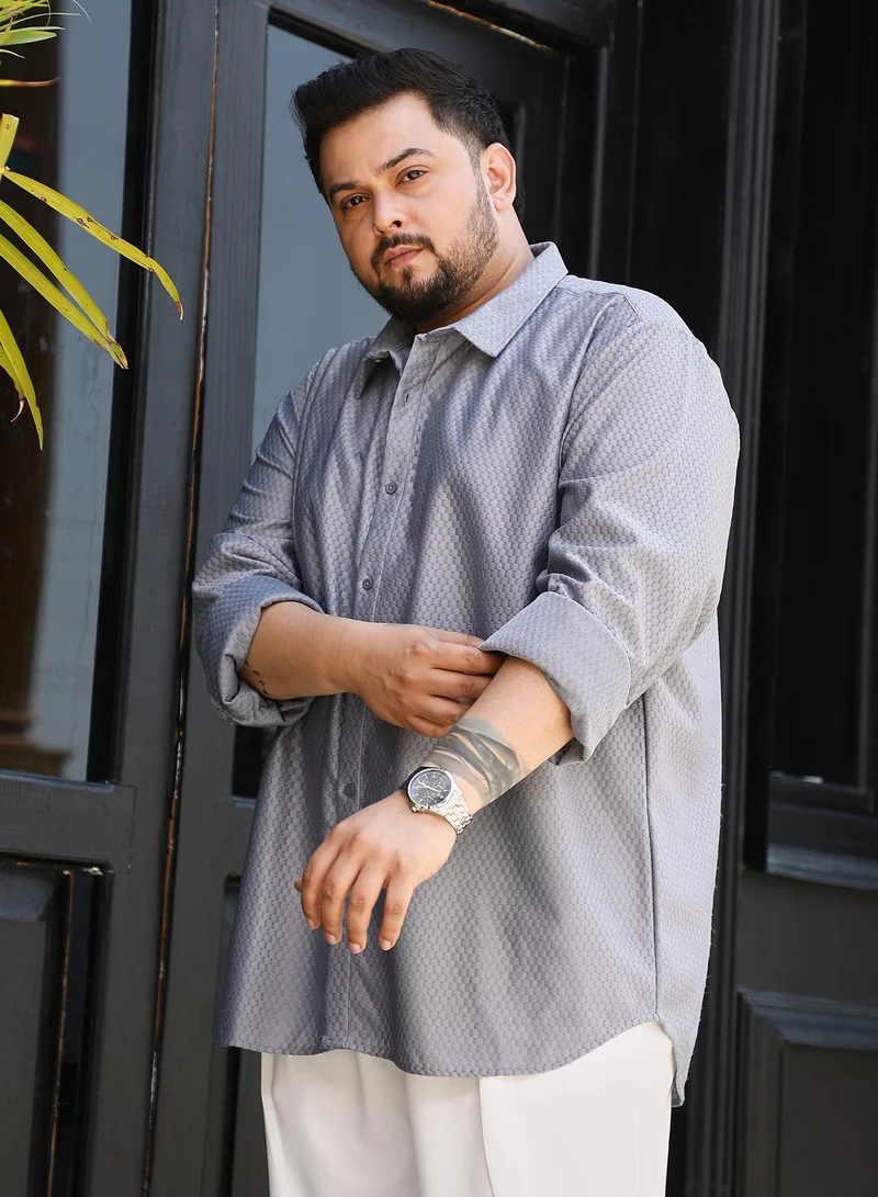 Instafab Plus  Instafab Plus Men's Moon Grey Relaxed Honeycomb Shirt For Casual Wear | Spread Collar | Long Regular Sleeves | Button Closure | Plus Size Shirt Crafted With Comfort Fit For Everyday Wear for Men | Best Price UAE