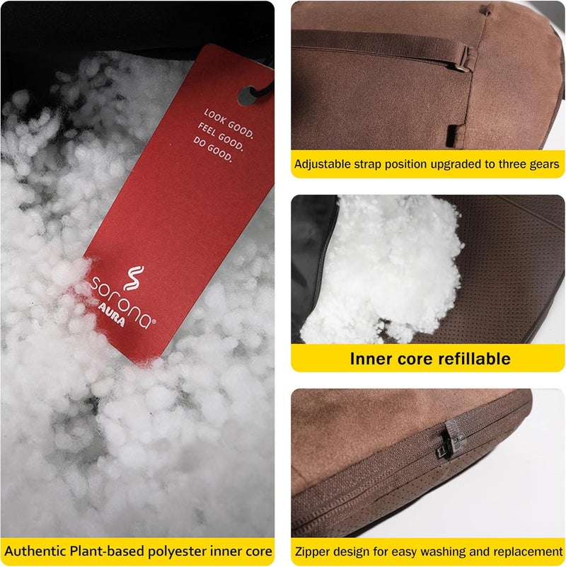 POKSRI Genuine Leather Car Neck Pillow for headrestSupport Drive Seats Head CushionReal Cow LeatherPlantBased PolyesterThickness Height AdjustableInner Liner fillableOrange Brown1p - Image 4