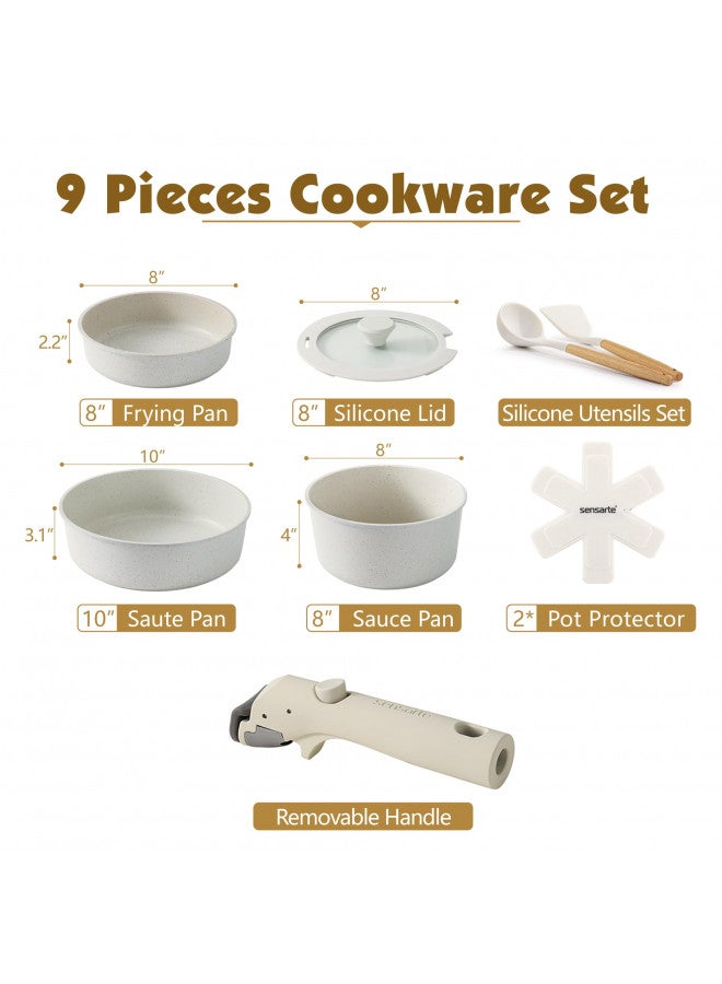 Sensarte SENSARTE 9 Piece Pots and Pans Set, Nonstick Detachable Handle Cookware, Induction Kitchen Cookware Set with Removable Handle, Healthy Non Stick RV Cookware, Dishwasher Oven Safe, PFOA Free (White)  - Image 1