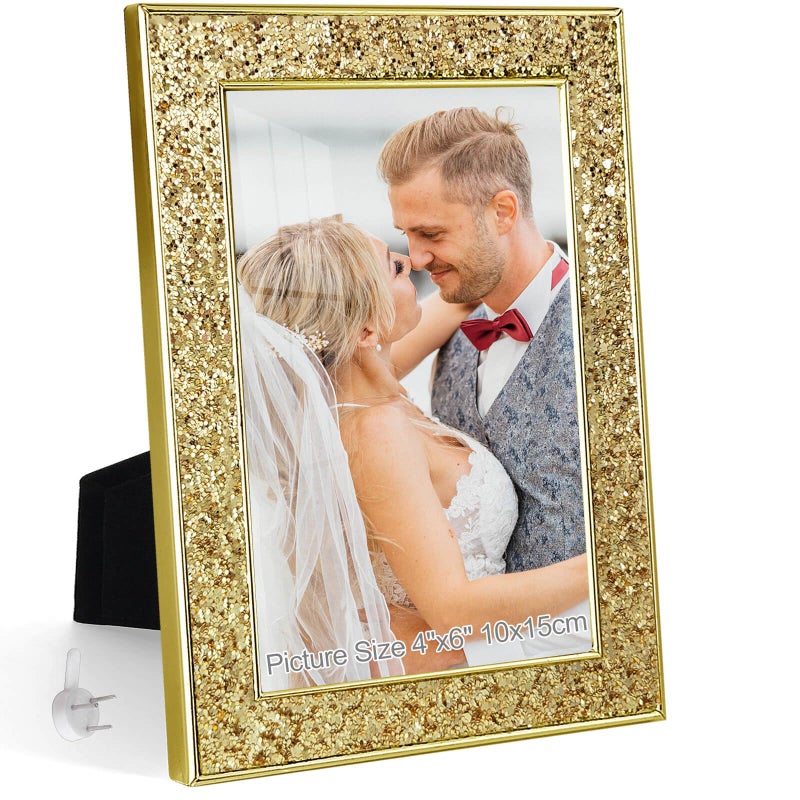 HIKWADERY 4x6 Picture Frame Glitter  Gold Bling 4 by 6 Photo Frames with HD Real Glass  for Wall or Tabletop Display (4 x 6  Gold) - Image 1