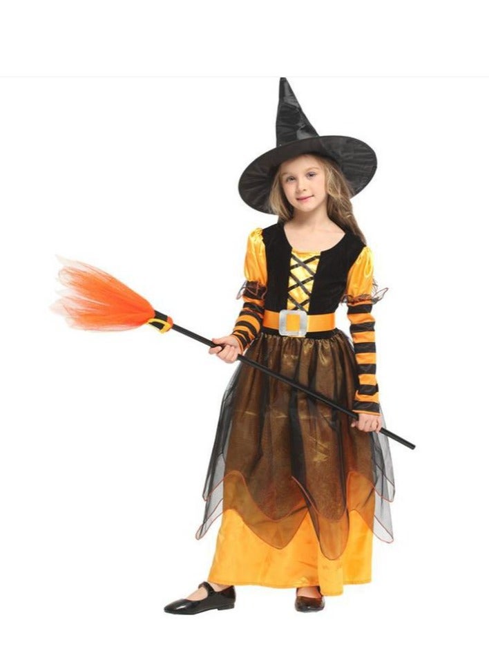 Golden Witch Costume Girls Witch Dress Princess Skirt with Hat Role Playing Set Suitable for Party, Carnival, Masquerade, Size S Suitable for Height 90-110cm (Yellow) - Image 1