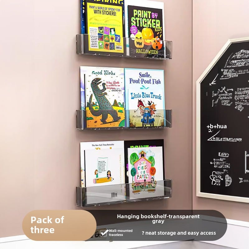 Punch-free wall shelf living room wall decoration partition wall-mounted stationery Shelf bookshelf wall-mounted(Transparent gray*3) - Image 1