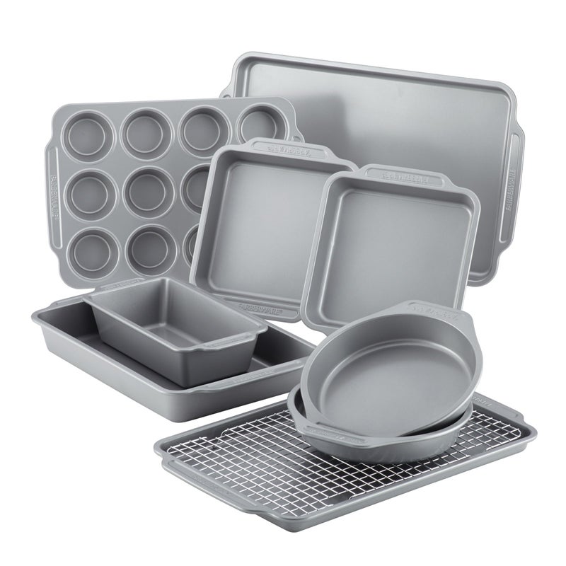 Farberware Nonstick Steel Bakeware Set with Cooling Rack, Baking Pan and Cookie Sheet Set with Nonstick Bread Pan and Cooling Grid, 10-Piece Set, Gray - Image 1