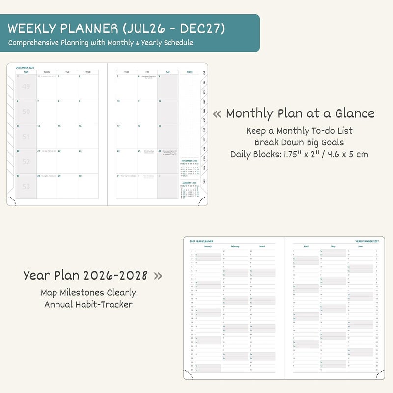 BEZEND A4 Academic Diary 2026-2027 Week to View, 18-Month Weekly Planner Runs Mid Year Jul'26 - Dec'27. Vertical Layout with Time Slots & Monthly Tabs, PU Leather Hardback, 28.5 x 22 cm, Dark Green - Image 3
