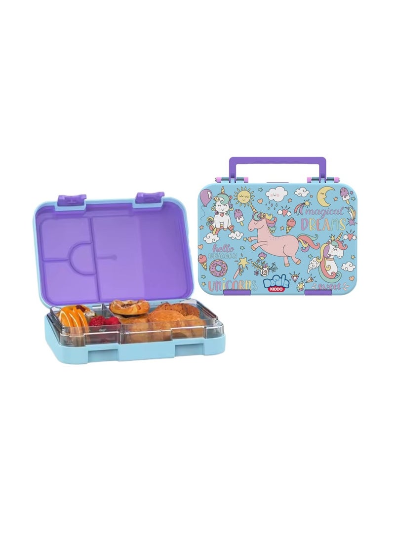 Doodle Kiddo Unicorn Bento Lunch Box for Girls | 4 Compartments, Leak-Proof, BPA-Free | Freezer, Microwave & Dishwasher Safe | 21.2x15.7x4.6 CM - Image 2