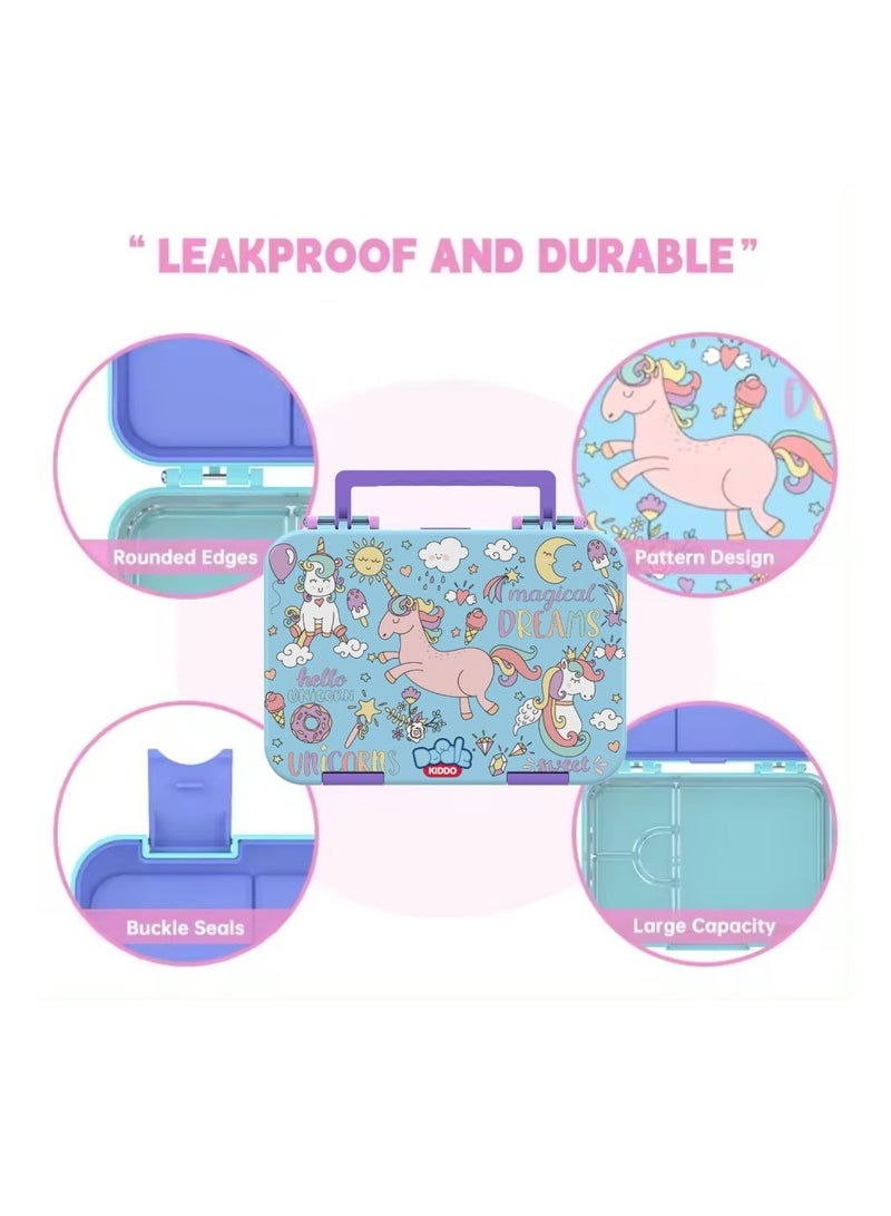 Doodle Kiddo Unicorn Bento Lunch Box for Girls | 4 Compartments, Leak-Proof, BPA-Free | Freezer, Microwave & Dishwasher Safe | 21.2x15.7x4.6 CM - Image 3