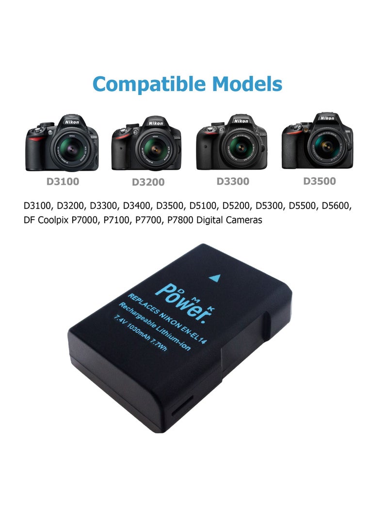 DMK Power EN-EL14 Battery 1030mAh 7.7Wh with TC600E Battery Charger Compatible with Nikon D5600 D5500 D5200 D5300 D5100 D3400 D3300 D3200 D3100 Coolpix P7000 P7100 P7200 P7700 P7800 Cameras - Image 3