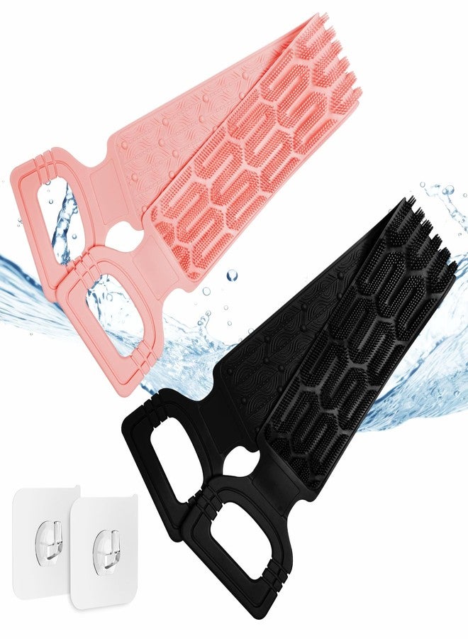 Manmihealth Silicone Back Scrubber for Shower, 27.5'' Long Strap Body Scrubber with Handles, Dual-Sided Exfoliating & Massaging Back Brush with 2 Hooks.(Black+Pink) - Image 1
