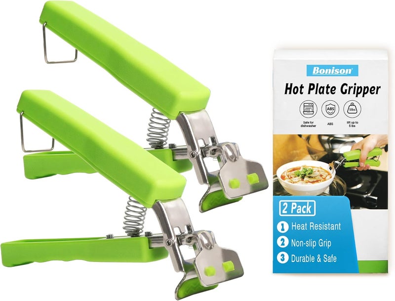 Bonison 2 Pack Hot Plate Gripper Clips Holder Tongs for Moving Hot Plate Bowls Pizza Pan Air Fryer Microwave Oven with Food Out, Green - Image 1