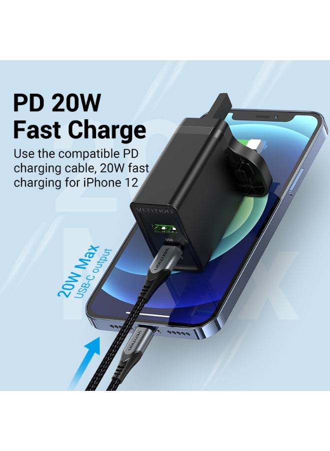 VENTION Two-Port  USB(A+C) Wall Charger (18W/20W) UK-Plug Black Model # FBBB0-UK - Image 3
