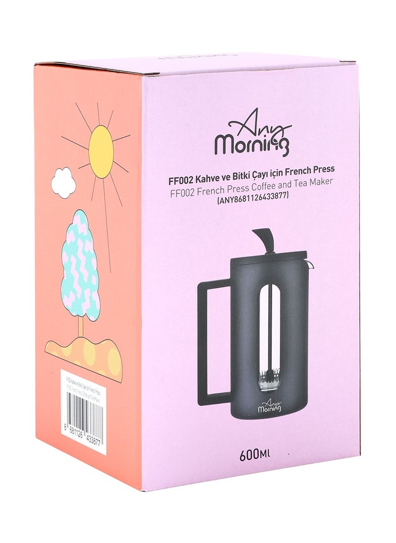 Any Morning - French Press Coffee Maker 600ml / 20oz, Borosilicate Glass Hot and Cold Coffee Maker, Coffee Press Stainless Steel Filter, Durable Heat Resistant, Black - FF002 - Image 1