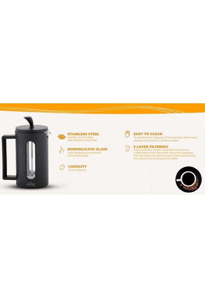 Any Morning - French Press Coffee Maker 600ml / 20oz, Borosilicate Glass Hot and Cold Coffee Maker, Coffee Press Stainless Steel Filter, Durable Heat Resistant, Black - FF002 - Image 1