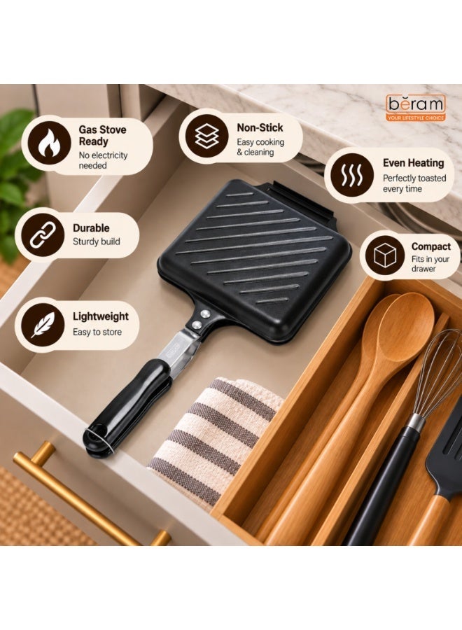 BERAM Stovetop Sandwich Maker, Non-Stick Double-Sided Sandwich Toaster Pan with Cool Touch Handles, Gas Stove Toastie Maker & Grill Pan for Toast, Omelette, Pancakes & Breakfast, Black - Image 2