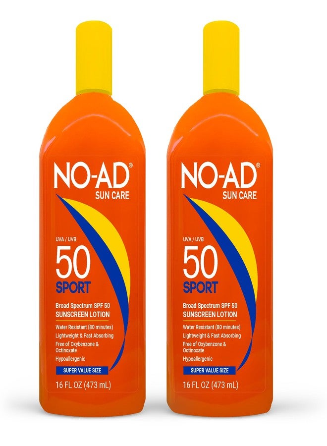 no ad NO-AD SPF 50 SPORT Sunscreen Lotion | Hypoallergenic | Broad Spectrum UVA/UVB Protection | Water Resistant | Octinoxate & Oxybenzone Free with moisturizing Vitamin E and Aloe 16oz | Pack of 2 - Image 1