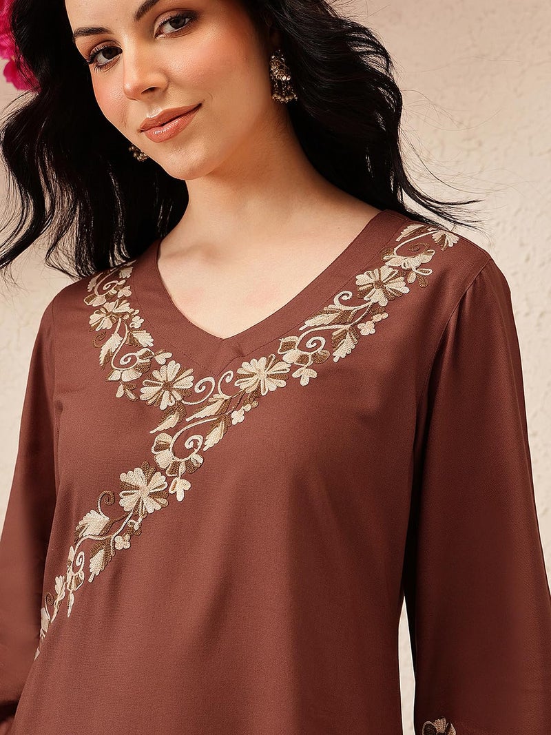 QAZMI Women's Jina V-Neck Kashmiri Aari Work Full Sleeves Kurti_S Brown - Image 4