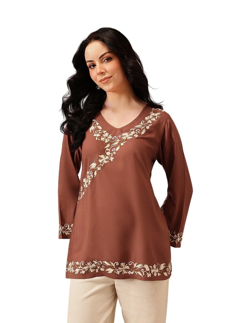 QAZMI Women's Jina V-Neck Kashmiri Aari Work Full Sleeves Kurti_S Brown - Image 1