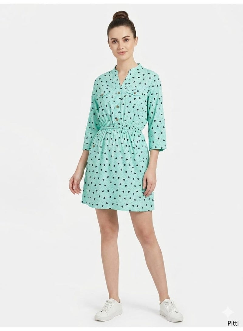 Women's Casual Mini Dress - Heart Print with Elastic Waist in Mint Green - Image 1
