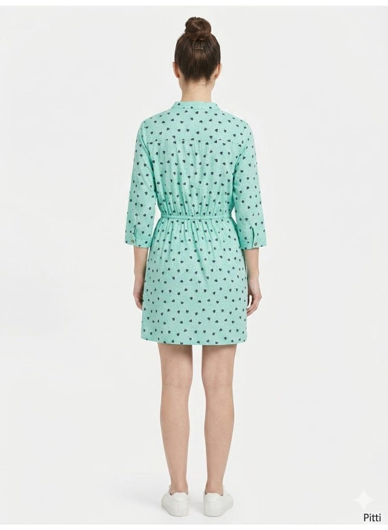 Women's Casual Mini Dress - Heart Print with Elastic Waist in Mint Green - Image 2