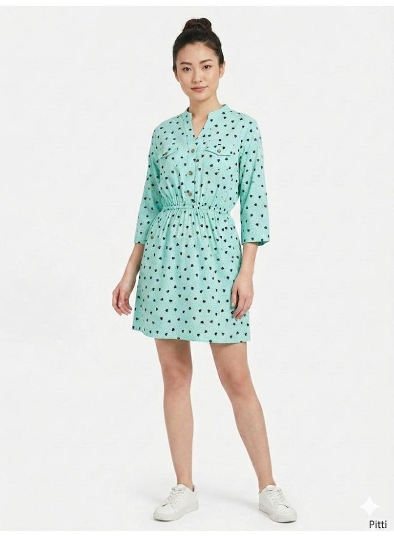 Women's Casual Mini Dress - Heart Print with Elastic Waist in Mint Green - Image 3