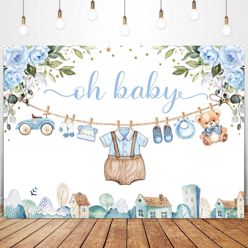 Sensfun Cute Clothes Baby Shower Backdrop for Boys Oh Baby Newborn Blue Floral Eucalyptus Leaves Adventure Baby Shower Party Decorations Banner Supplies Photo Booth Studio Props 7x5ft - Image 5