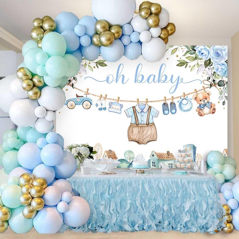 Sensfun Cute Clothes Baby Shower Backdrop for Boys Oh Baby Newborn Blue Floral Eucalyptus Leaves Adventure Baby Shower Party Decorations Banner Supplies Photo Booth Studio Props 7x5ft - Image 3