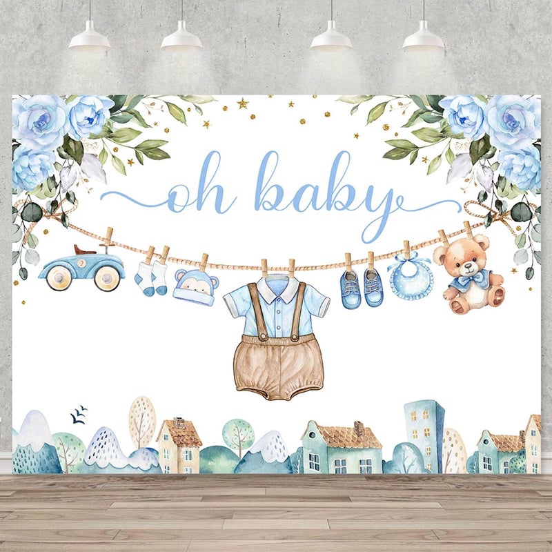 Sensfun Cute Clothes Baby Shower Backdrop for Boys Oh Baby Newborn Blue Floral Eucalyptus Leaves Adventure Baby Shower Party Decorations Banner Supplies Photo Booth Studio Props 7x5ft - Image 1