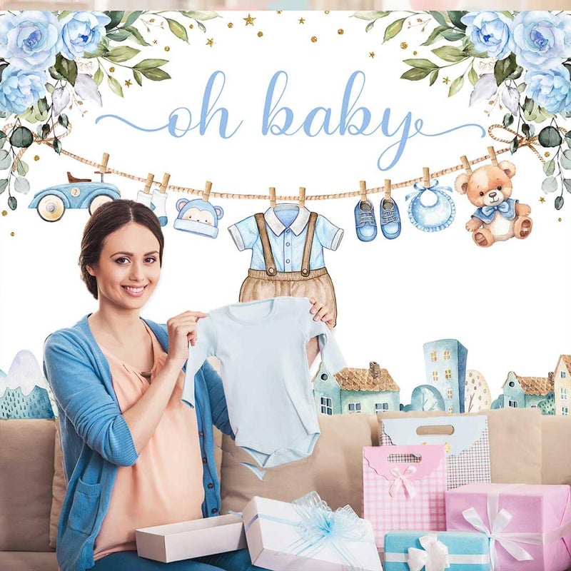 Sensfun Cute Clothes Baby Shower Backdrop for Boys Oh Baby Newborn Blue Floral Eucalyptus Leaves Adventure Baby Shower Party Decorations Banner Supplies Photo Booth Studio Props 7x5ft - Image 4