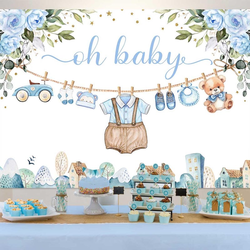 Sensfun Cute Clothes Baby Shower Backdrop for Boys Oh Baby Newborn Blue Floral Eucalyptus Leaves Adventure Baby Shower Party Decorations Banner Supplies Photo Booth Studio Props 7x5ft - Image 2