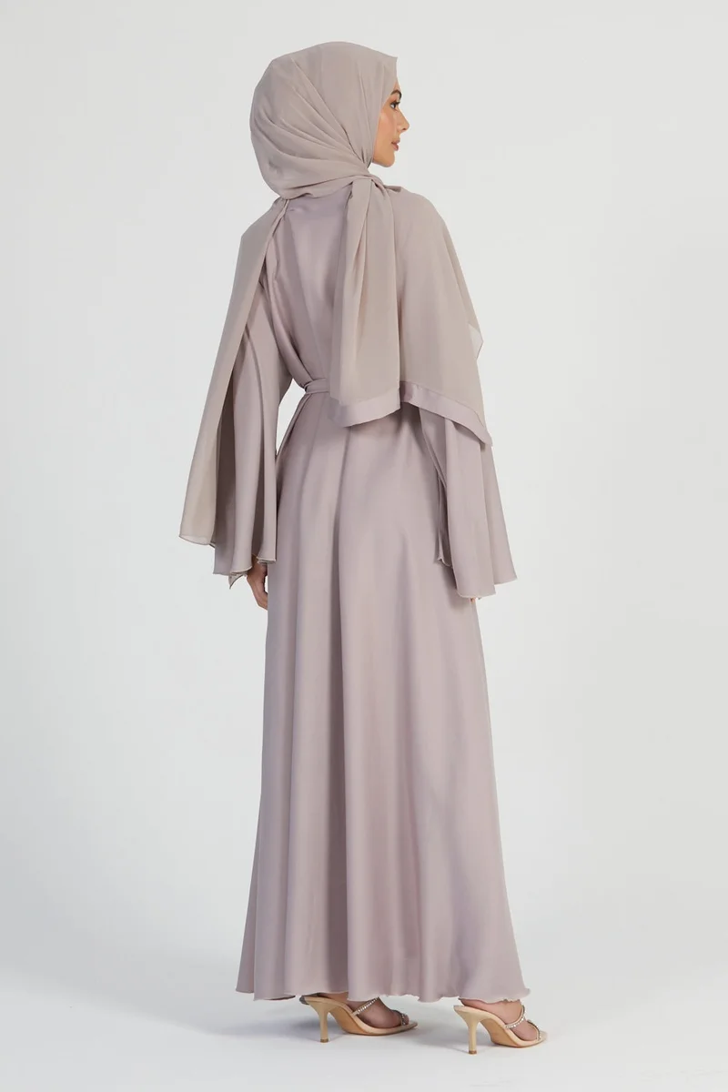 NUKHBAA Elegant Beige plain abaya wityh belt and Hijab-AB58