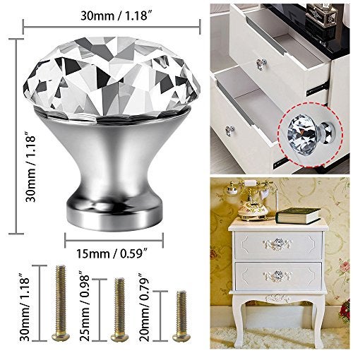 Roybens 30mm Kitchen Cabinet Knobs Drawer Pull Handle Hardware, Crystal Clear Glass Round Diamond Shape Dresser Closet Bi-fold Door Bathroom Cupboard Desk Nightstand Furniture Decorative Drawer Knobs （12PCS） - Image 2