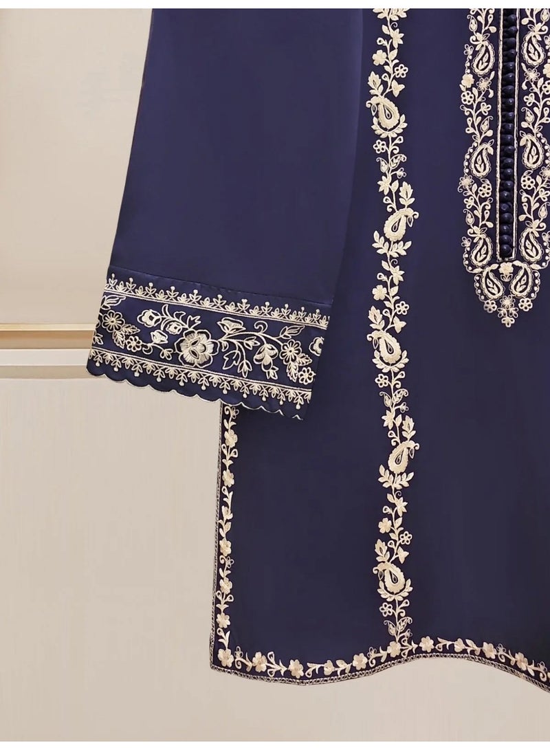 أغا نور بدلة قطعتين من الكامبريك المطرزة، أزرق داكن - Image 4
