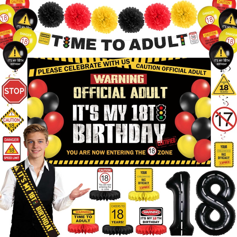 THAWAY 18th Birthday Decorations for Boys - â€œHide The Car Keysâ€ Happy 18th Birthday Caution Party Kit 49pcs with Backdrop, Banner, Sign Balloons & Photo Props for Teen Driver - Image 1