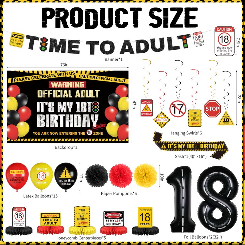 THAWAY 18th Birthday Decorations for Boys - â€œHide The Car Keysâ€ Happy 18th Birthday Caution Party Kit 49pcs with Backdrop, Banner, Sign Balloons & Photo Props for Teen Driver - Image 2