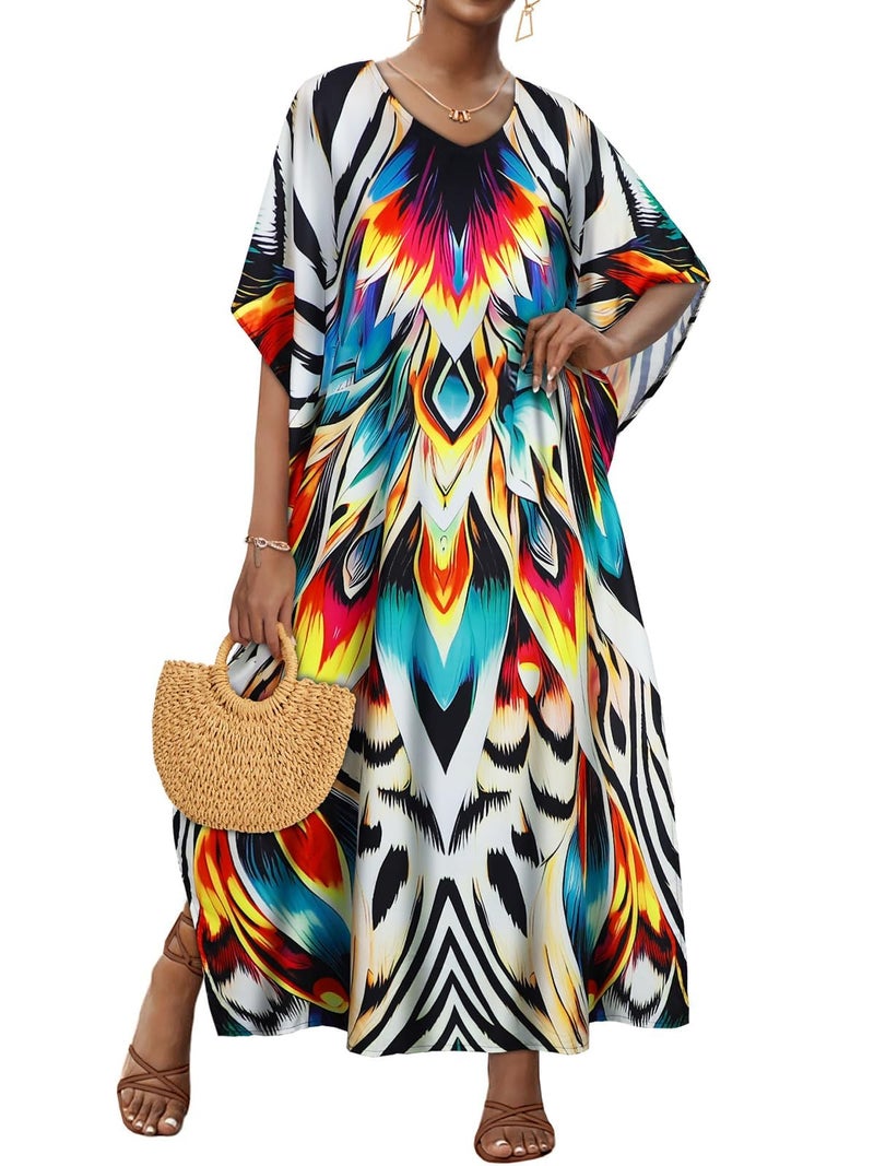 JILUVIN Kaftan Dresses for Women Plus Size V Neck Caftan Long Batwing Sleeve Swimsuit Cover Up Beach Swimwear (Lotus Zebra Printed,One Size) - Image 1