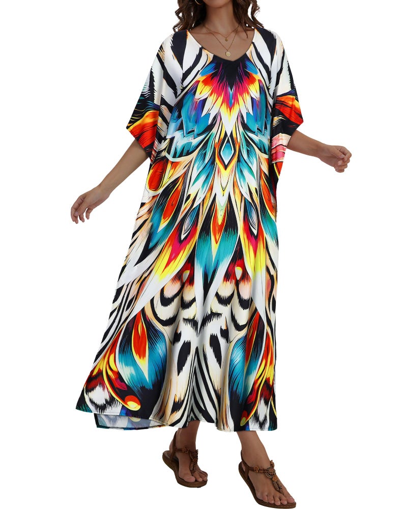 JILUVIN Kaftan Dresses for Women Plus Size V Neck Caftan Long Batwing Sleeve Swimsuit Cover Up Beach Swimwear (Lotus Zebra Printed,One Size) - Image 4