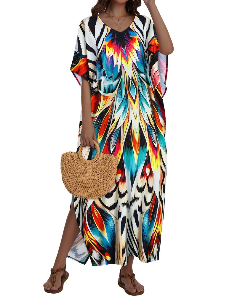 JILUVIN Kaftan Dresses for Women Plus Size V Neck Caftan Long Batwing Sleeve Swimsuit Cover Up Beach Swimwear (Lotus Zebra Printed,One Size) - Image 3