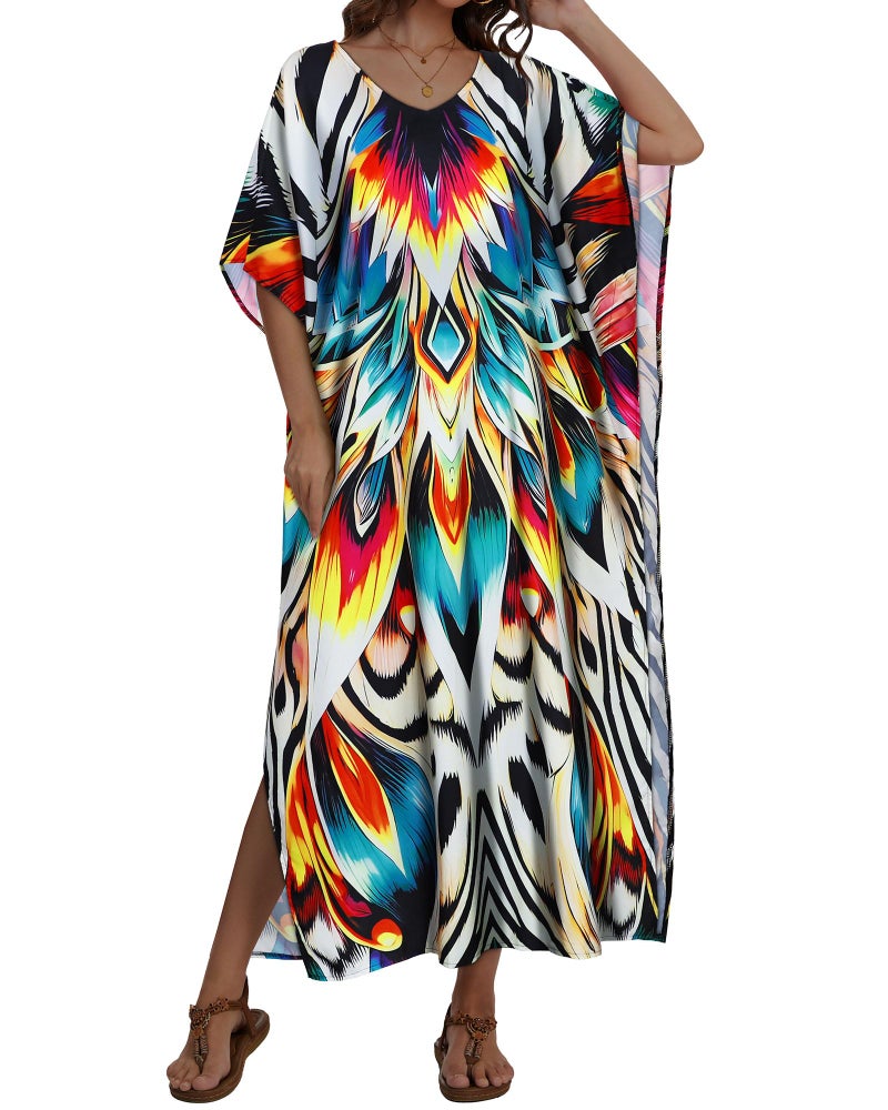 JILUVIN Kaftan Dresses for Women Plus Size V Neck Caftan Long Batwing Sleeve Swimsuit Cover Up Beach Swimwear (Lotus Zebra Printed,One Size) - Image 2